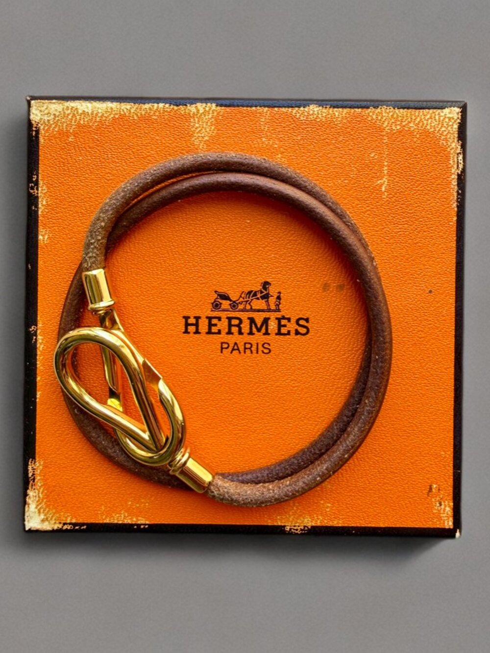 Hermes Gold-plated Double Wrap Leather Atame Knot Closure Bracelet